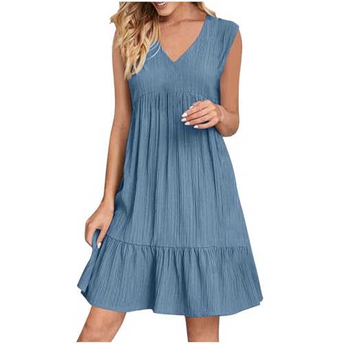 XCXC Sommerkleid Damen ärmellos V-Ausschnitt Kleid Locker Geschnitten A-Linie Kleider Strandkleid Frauen Leicht Luftig Knielang Crinkle Look Freizeitkleid für Urlaub Strand Alltag viele Farben von XCXC