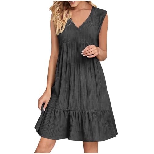 XCXC Sommerkleid Damen ärmellos V-Ausschnitt Kleid Locker Geschnitten A-Linie Kleider Strandkleid Frauen Leicht Luftig Knielang Crinkle Look Freizeitkleid für Urlaub Strand Alltag viele Farben von XCXC