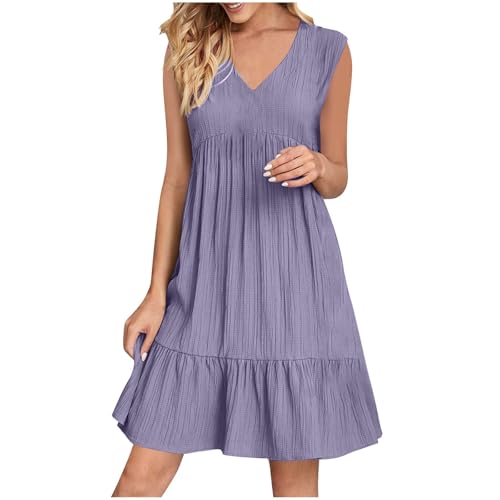 XCXC Sommerkleid Damen ärmellos V-Ausschnitt Kleid Locker Geschnitten A-Linie Kleider Strandkleid Frauen Leicht Luftig Knielang Crinkle Look Freizeitkleid für Urlaub Strand Alltag viele Farben von XCXC