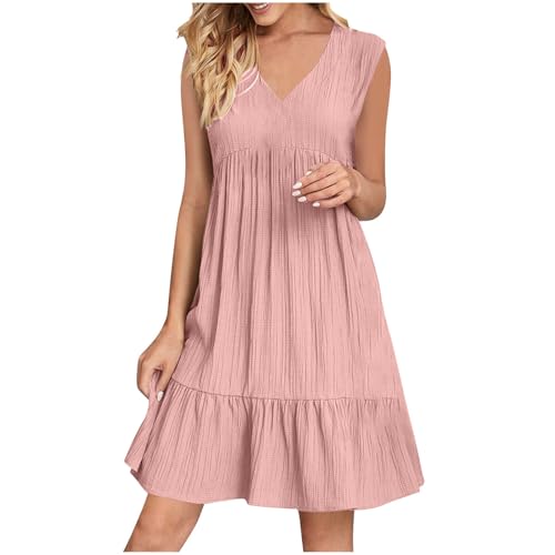 XCXC Sommerkleid Damen ärmellos V-Ausschnitt Kleid Locker Geschnitten A-Linie Kleider Strandkleid Frauen Leicht Luftig Knielang Crinkle Look Freizeitkleid für Urlaub Strand Alltag viele Farben von XCXC