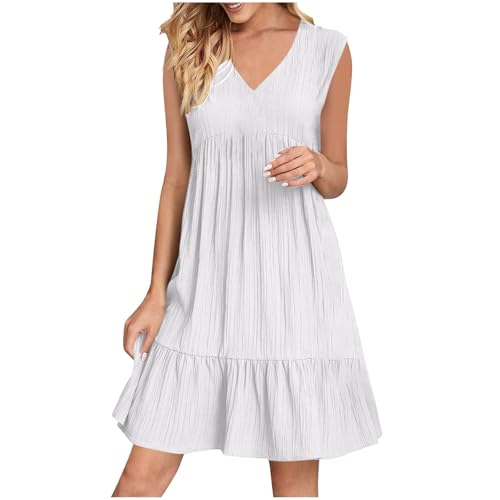 XCXC Sommerkleid Damen ärmellos V-Ausschnitt Kleid Locker Geschnitten A-Linie Kleider Strandkleid Frauen Leicht Luftig Knielang Crinkle Look Freizeitkleid für Urlaub Strand Alltag viele Farben von XCXC