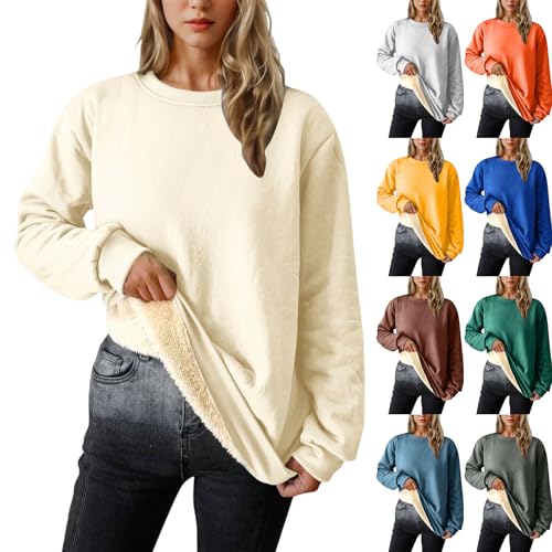 XCXC Sweatshirt Pullover Damen Einfarbiges Basic Langarmshirt Frauen Rundhals Flauschiges Pulli ohne Kapuze und Fleece-Futter Herbst Winter Casual Longsleeve Oberteile Langarm Bluse Tops von XCXC