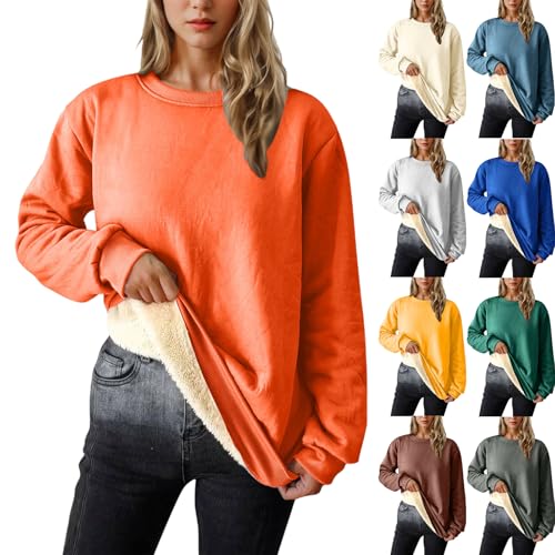 XCXC Sweatshirt Pullover Damen Einfarbiges Basic Langarmshirt Frauen Rundhals Flauschiges Pulli ohne Kapuze und Fleece-Futter Herbst Winter Casual Longsleeve Oberteile Langarm Bluse Tops von XCXC