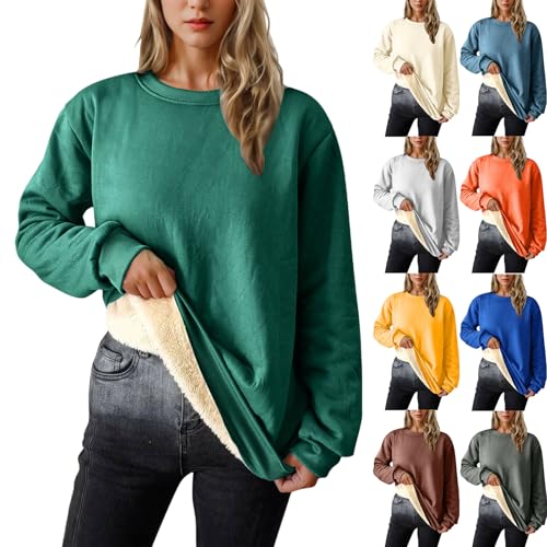 XCXC Sweatshirt Pullover Damen Einfarbiges Basic Langarmshirt Frauen Rundhals Flauschiges Pulli ohne Kapuze und Fleece-Futter Herbst Winter Casual Longsleeve Oberteile Langarm Bluse Tops von XCXC