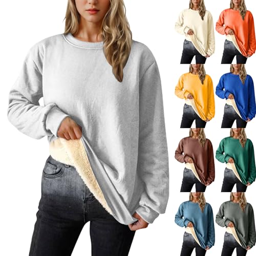 XCXC Sweatshirt Pullover Damen Einfarbiges Basic Langarmshirt Frauen Rundhals Flauschiges Pulli ohne Kapuze und Fleece-Futter Herbst Winter Casual Longsleeve Oberteile Langarm Bluse Tops von XCXC