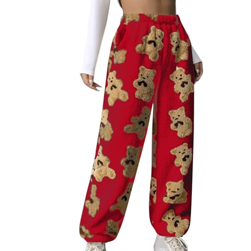 XCXC Teddy-Print Jogginghose Damen Doppelseitig Gefüttert Hose Lässige Fleecehose Thermohose mit Seitentaschen Frauen Baggy Bequem und Warm Sporthose Miederhose von XCXC