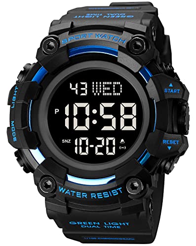 XCZAP Großes Zifferblatt Stoppuhr Herren Uhren LED Licht Digital Armbanduhren 5Bar Wasserdicht Countdown Uhr, Blau, Digital von XCZAP