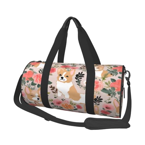 Corgi Reisetaschen und Sporttaschen mit Blumenmuster, große Kapazität, ringförmige Griffe an der Oberseite, Wochenendhandtaschen und runde Gepäcktaschen, können sowohl von Männern als auch von Frauen von XDCYWBZDBC