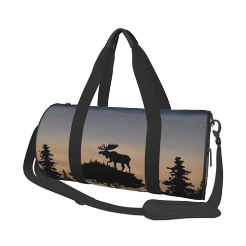 Elch Mountain Pine Tree Wilderness Große Kapazität Reisetasche und Sporttaschen Ringförmige Griffe an der Spitze Wochenendhandtaschen und runde Gepäcktaschen können sowohl von Männern als auch Frauen von XDCYWBZDBC