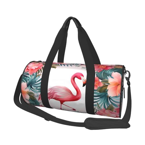 Reisetaschen und Sporttaschen mit Blumenmuster und Flamingo, Ringförmige Griffe an der Oberseite, Wochenendhandtaschen und runde Gepäcktaschen, können sowohl von Männern als auch von Frauen verwendet von XDCYWBZDBC