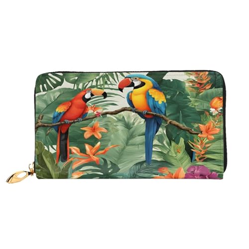 XDCYWBZDBC Ara und Tukan Sitzend von Regenwäldern Leder Lange Reißverschluss-Handgeldbörse Große Kapazitäten Damen Geldbörse mit mehreren Taschen Multifunktionale Brieftasche Fit Kreditkarte, Bargeld, von XDCYWBZDBC
