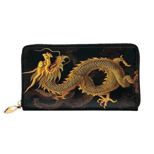 XDCYWBZDBC Chinesische goldene gelbe Drachenleder lange Reißverschluss-Handgeldbörse große Kapazitäten Damengeldbörse mit mehreren Taschen Multifunktions-Geldbörse passend für Kreditkarte, Bargeld, von XDCYWBZDBC