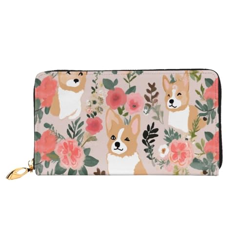 XDCYWBZDBC Corgi Floral Blumen Leder Lange Reißverschluss Handgeldbörse Große Kapazitäten Damen Geldbörse mit mehreren Taschen Multifunktionale Brieftasche Fit Kreditkarte, Bargeld, Münze, 3D, von XDCYWBZDBC