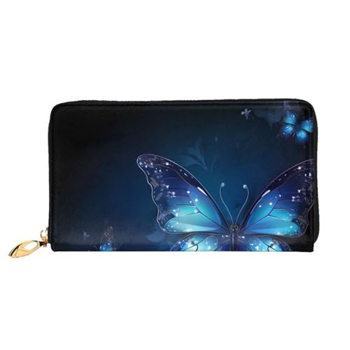 XDCYWBZDBC Dunkelblaue Schmetterlinge Leder Lange Reißverschluss Handgeldbörse Große Kapazitäten Damen Geldbörse mit mehreren Taschen Multifunktionale Brieftasche Fit Kreditkarte, Bargeld, Münze, 3D, von XDCYWBZDBC