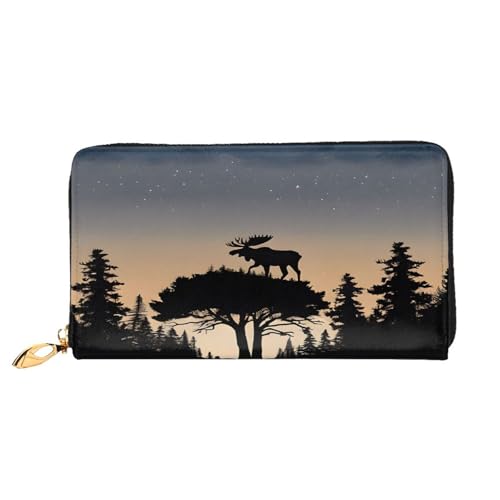 XDCYWBZDBC Elch Mountain Pine Tree Wildnis Leder Lange Reißverschluss Handgeldbörse Große Kapazitäten Damen Geldbörse mit mehreren Taschen Multifunktionale Brieftasche Fit Kreditkarte, Bargeld, Münze, von XDCYWBZDBC