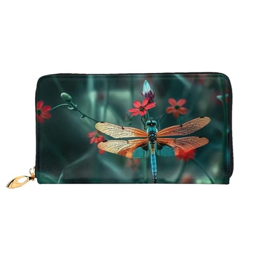 XDCYWBZDBC Libelle auf der Blume Leder Lange Reißverschluss Handgeldbörse Große Kapazitäten Damen Geldbörse mit mehreren Taschen Multifunktionale Brieftasche Fit Kreditkarte, Bargeld, Münze, 3D, von XDCYWBZDBC