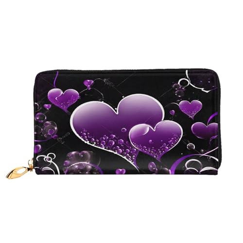 XDCYWBZDBC Modische lila Herzen Leder Lange Reißverschluss Handgeldbörse Große Kapazitäten Damen Geldbörse mit mehreren Taschen Multifunktionale Brieftasche Fit Kreditkarte, Bargeld, Münze, 3D, von XDCYWBZDBC