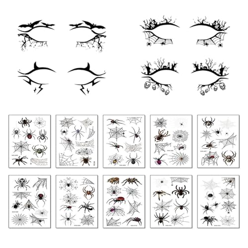 4 Paar Halloween Eyeliner Aufkleber und 10 Blätter Halloween Spinnen Gesichtsaufkleber, Spinnennetz Aufkleber Temporäre Gesichtsaufkleber für Halloween Party Rave von XDGBGFN