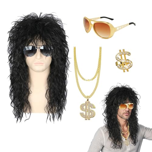 80er Jahre Outfit Herren Perücken 4er Set 80er Vokuhila Perücke Herren Schwarz Lang Lockig mit Kette und Brille und Ring Disco Kostüm Perücke Teile Für Fasching Karneval Party und Cosplay von XDGBGFN