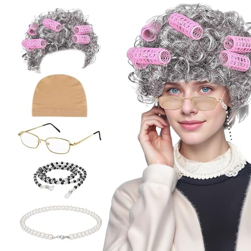 Oma Kostüm Set Oma Perücke Grau Oma Kostüm Alte Frau Kostümzubehör 5-teiliges Set Oma Perücke, Perückenbezug, Gläser, Brillenkette, Perlenkette für Cosplay, Karneval von XDGBGFN