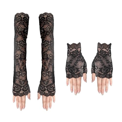 XDGBGFN 2 Paar Spitze Fingerlose Handschuhe, Lang und Kurz Schwarze Fischnetz Handschuhe 80er-Jahre Retro Party Abschlussball Teeparty Kostüm Zubehör (Schwarz, Standard) von XDGBGFN