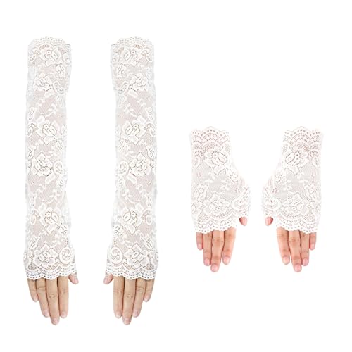XDGBGFN 2 Paar Spitze Fingerlose Handschuhe, Lang und Kurz Schwarze Fischnetz Handschuhe 80er-Jahre Retro Party Abschlussball Teeparty Kostüm Zubehör (Weiß, Standard) von XDGBGFN