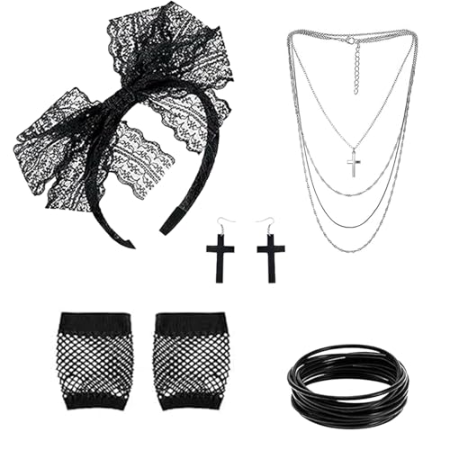 XDGBGFN 5 Stück Damen 80er Jahre Accessoires 80er Jahre Fasching Outfit Vintage Spitze Schwarz Stirnband Ohrringe Fischnetz Handschuhe Halskette Armband für Karneval Party von XDGBGFN