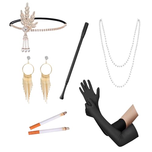 XDGBGFN 6 Teiliges 20er Jahre Accessoires für Frauen 20er Jahre Great Gatsby Zubehör Set mit Flapper Stirnband Perlenschnur Kostüm Accessoires Set für Frauen Karneval von XDGBGFN