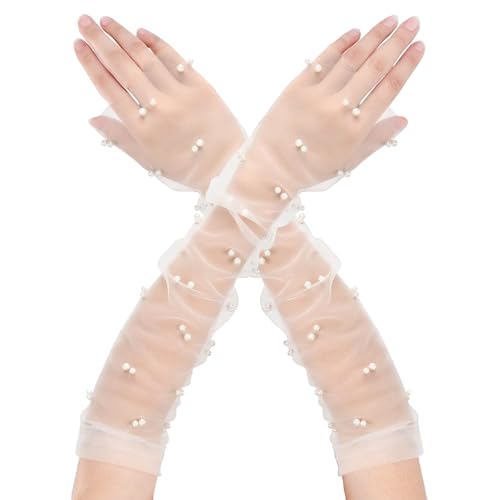 XDGBGFN Damen Lang Handschuhe Weiß Brauthandschuhe Hochzeit PerlenTüllhandschuhe für Halloween Cosplay Karneval Party von XDGBGFN
