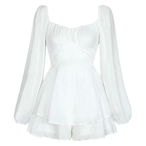 XDGBGFN Damen Weißes Kleid Langarm Boho Blume Strampler Piraten Kleid Weiß Kleid Off Shoulder Minikleid Jumpsuit Shorts Fester Rückenausschnitt, Rüschensaum Partykleid (Weiß, M) von XDGBGFN