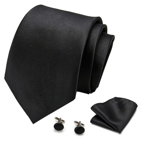 XDGBGFN Krawatten Einfarbig Krawatten Set Einstecktuch Manschettenknöpfe Elegant Krawatten für Hochzeit Formal Business (schwarz) von XDGBGFN