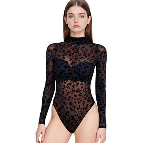 XDGBGFN Mesh Body Damen Langarm Elegant Bodysuit Women Rollkragen Leopard Body Langarm Schwarz Atmungsaktiv Formender (Schwarz, XL) von XDGBGFN