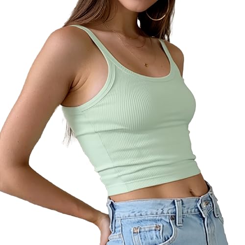 XDGBGFN Spaghetti Top Damen Sommer Ärmellos Unterhemden Gerippte Tank Basic Einfarbig Slim Fit Stretch Tops (DE/NL/SE/PL, Alphanumerisch, S, Regular, Regular, Hellgrün) von XDGBGFN
