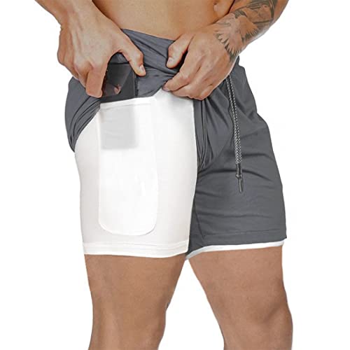 Shorts Herren 2 in 1 Trainingsshorts Sommer Kurze Hosen Schnelltrocknende Laufshorts, Trainingsshorts Sporthose mit Taschen Kompressionsshorts (Grau, XXL) von XDSP