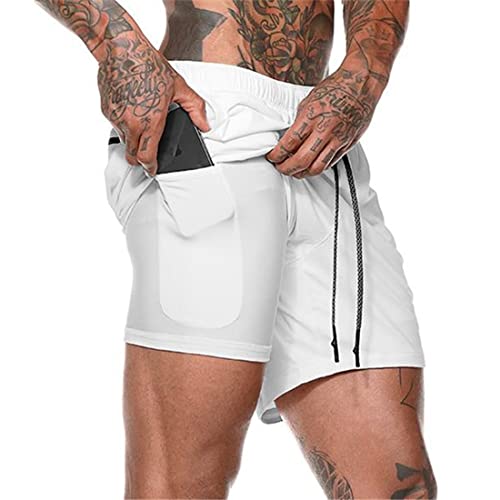 Shorts Herren 2 in 1 Trainingsshorts Sommer Kurze Hosen Schnelltrocknende Laufshorts, Trainingsshorts Sporthose mit Taschen Kompressionsshorts (Weiß, XXL) von XDSP