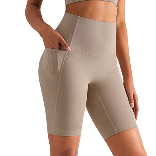 XDSP Damen Kurze Leggings Damen Yoga Shorts Kurze Leggings mit Handytasche Fitness Shorts (S, Khaki) von XDSP