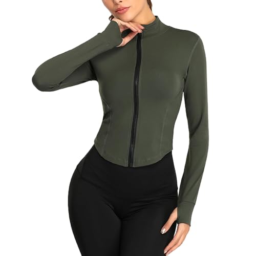 XDSP Damen Laufjacke Sportjacke Langarm Yoga Tops Gym Shirt Atmungsaktive Fitness Sport Oberteile Sportjacke Reißverschluss Leicht Trainingsjacke mit Daumenloch zum Laufen, Radfahren, Wandern von XDSP