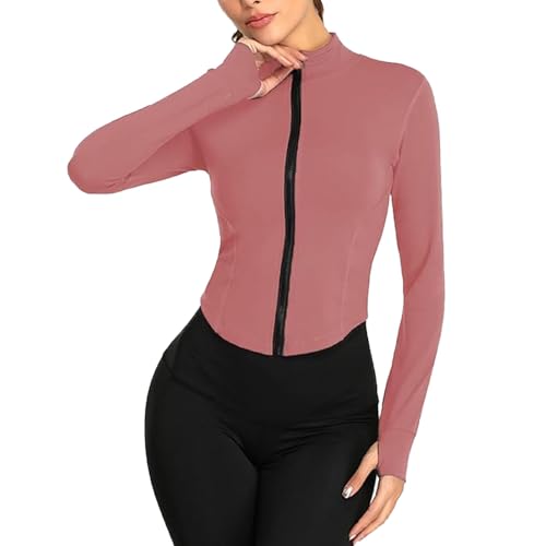 XDSP Damen Laufjacke Sportjacke Langarm Yoga Tops Gym Shirt Atmungsaktive Fitness Sport Oberteile Sportjacke Reißverschluss Leicht Trainingsjacke mit Daumenloch zum Laufen, Radfahren, Wandern von XDSP