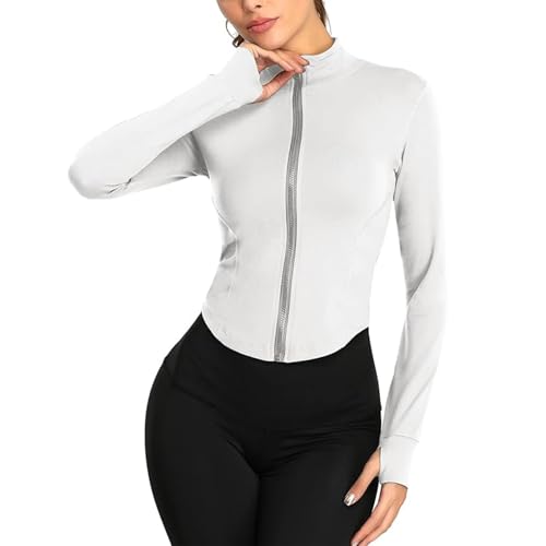 XDSP Damen Laufjacke Sportjacke Langarm Yoga Tops Gym Shirt Atmungsaktive Fitness Sport Oberteile Sportjacke Reißverschluss Leicht Trainingsjacke mit Daumenloch zum Laufen, Radfahren, Wandern von XDSP