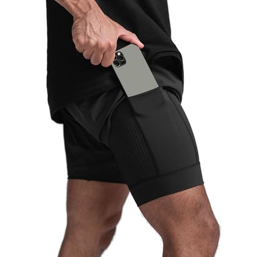 XDSP Herren Running 2 in 1 Shorts Trainingshosen für Herren kurz Sommer Kompressionsshorts Schnell trocknende Atmungsaktiv mit Taschen Sporthose Fitness Shorts Jogginghose Gymshorts von XDSP