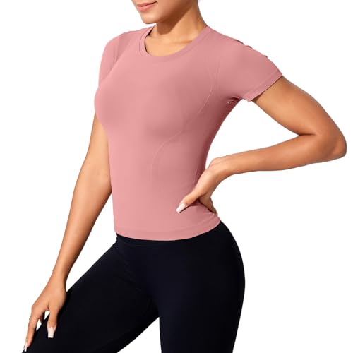 XDSP Sportshirt Damen Kurzarm Workout Tops Rundhalsausschnitt Shortsleeve Leichtes Atmungsaktiv Funktions Sport T-Shirt Laufen Gym Athletisch Trainingsshirt Yoga Top Fitness Oberteil von XDSP