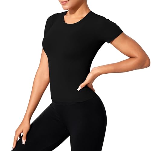 XDSP Sportshirt Damen Kurzarm Workout Tops Rundhalsausschnitt Shortsleeve Leichtes Atmungsaktiv Funktions Sport T-Shirt Laufen Gym Athletisch Trainingsshirt Yoga Top Fitness Oberteil von XDSP