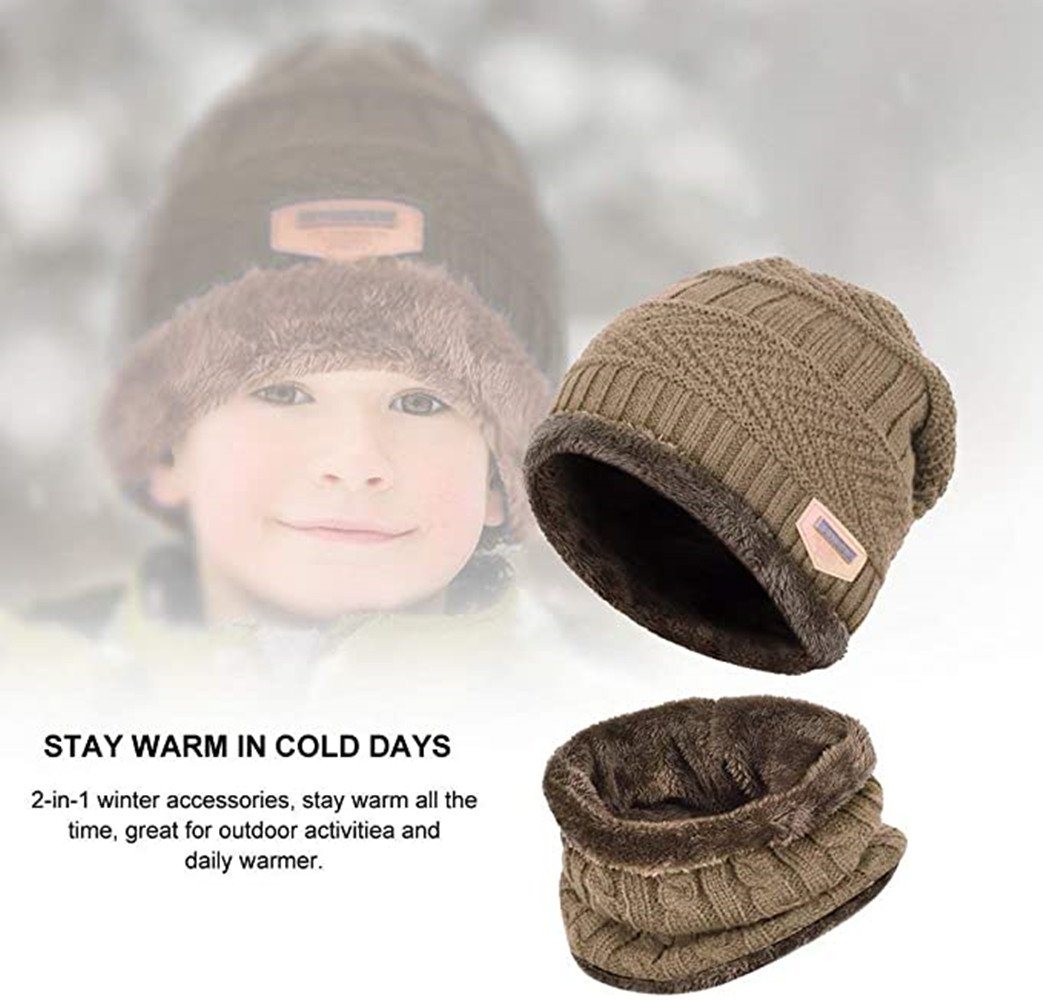 XDeer Mütze & Schal Kinder Wintermütze-Schal Set,Schlauchschal mit Fleecefutter Strickmütze,Wärme Beanie Mütze,für Kinder 5-14 Jahre von XDeer