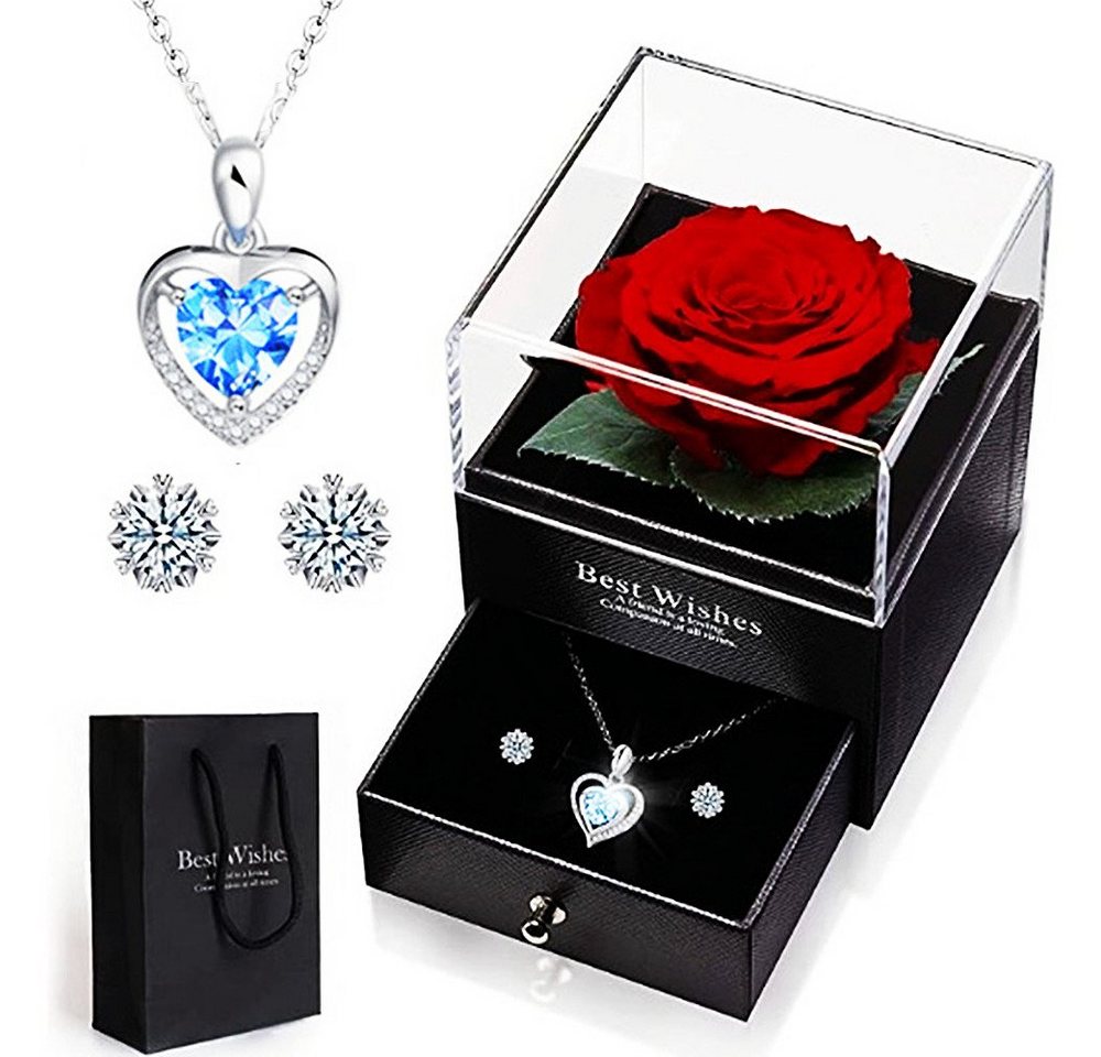 XDeer Schmuckset Ewige Rose mit Herz Halskette und Ohrringe aus 925 Sterlingsilber, Konservierte Blumen Rosenbox,Rose Geschenk für Frauen,Schmuckset von XDeer