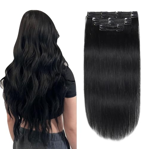XDhair Clip in Extensions Echthaar,50cm 120g 6 Stück Schwarz Echthaar Extensions 20 Zoll Glatt Remy Haarextensions für Damen (#1-20 Zoll) von XDhair