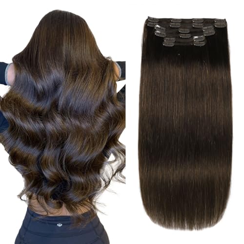 XDhair Clip-in-Haarverlängerungen aus Echthaar, glatt, seidig, Clip-in-Extensions für Damen, 45,7 cm, 120 g, 45,7 cm, Dunkelbraun, 6 Stück von XDhair