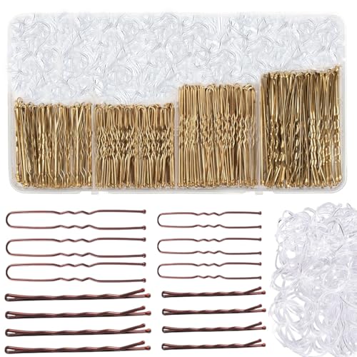 Haarnadeln, Haarnadeln, 700 Stück, 100 U-förmige Haarnadeln, 500 Haarbänder, Haarnadeln für Frauen, Haarnadeln für Dutts, Haarstyling-Zubehör mit Aufbewahrungsbox (Gold) von XECCUS
