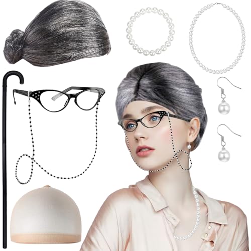 Old Lady Kostüm, 8 Großmutter Cosplay Zubehör Set, Oma Perücke Kostüm Set, Alte Dame Cosplay Zubehör mit Oma Brille Kette Perücke Kappe Spazierstock für Fasching Cosplay Karneva Party von XEERUN