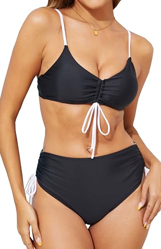 XEGRETS Damen verstellbare hohe Taille Bikini Set, Kontrastfarbe Zwei Stücke Bademode Badeanzug (DE/NL/SE/PL, Numerisch, 38, Regular, Regular, schwarz) von XEGRETS