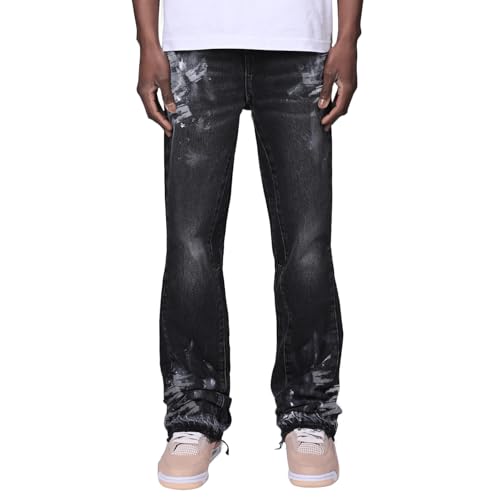 Flared Jeans Herren Y2K Streetwear Baggy Bootcut Denim Freizeithose im Hip Hop Cowboy Style Jeans mit Design und Taschen, schwarz, L von XELIUS